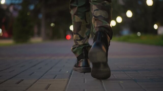 Night City Military Footwear, Tactical Leather Boots Crossing Urban Streets Rhythmically, Soldiers In Tactical Boots March Rhythmically Through Nighttime City Streets Experiencing Urban Movement