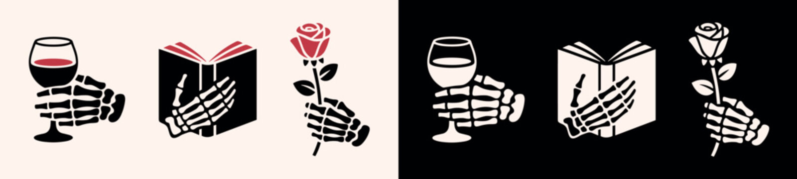 Skeleton hand holding a book rose flower wine glass drink dark romance lovers gothic drawing. Goth valentines day romantic reader retro vintage black and red aesthetic illustrations bundle pack.