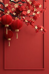 Flat 3d Chinese New Year banner with minimalist style. Simple geometric lanterns, stylized cherry blossoms, and gold accents on a red background.