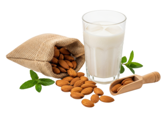 chilled glass of creamy almond milk showing condensation, scattered raw almonds spilling from a burlap sack, and fresh mint on a transparent background. Concept of healthy vegan food