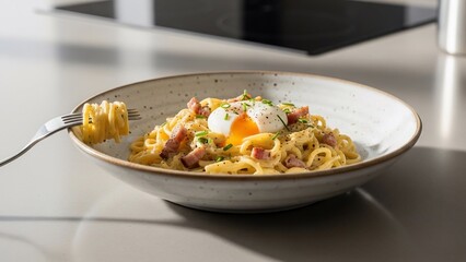 Delicious Carbonara Pasta with Poached Egg and Bacon.