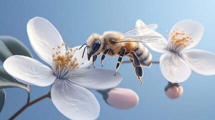 first day of spring concept. A bee pollinates a delicate white flower against a soft blue background, showcasing nature's beauty and the importance of bees in the ecosystem.