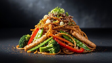 Delicious Chicken Lo Mein with Fresh Vegetables and Sesame Seeds.