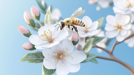 first day of spring concept. A bee pollinates delicate white flowers against a soft blue background, showcasing nature's beauty and the important role of pollinators.