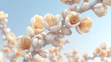 first day of spring concept. Delicate pale blossoms on a branch against a soft blue sky, evoking a sense of tranquility and the beauty of nature.