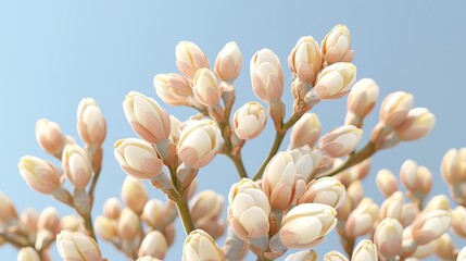 first day of spring concept. Delicate pink flower buds against a soft blue background, creating a serene and tranquil atmosphere.