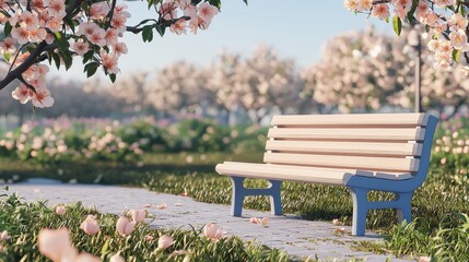 first day of spring concept. Blossoming flowers surround a blue bench on a tranquil pathway, creating a serene and picturesque outdoor scene.