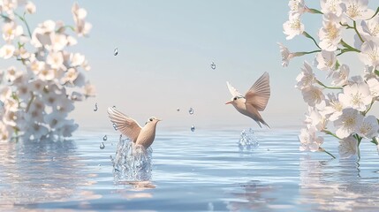 first day of spring concept. Serene scene featuring birds splashing in water surrounded by blooming flowers under a calm sky.
