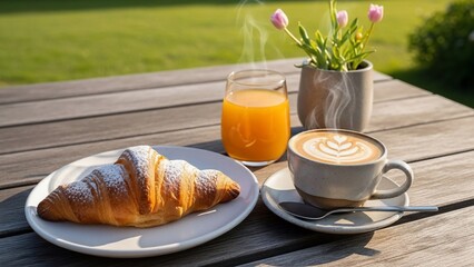 Delicious Croissant and Coffee Breakfast Outdoors on a Wooden Table.