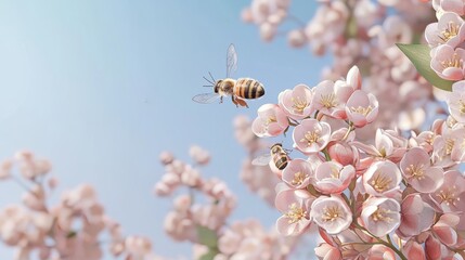 first day of spring concept. Bees pollinating delicate pink flowers against a clear blue sky, showcasing nature's beauty and the importance of pollinators.