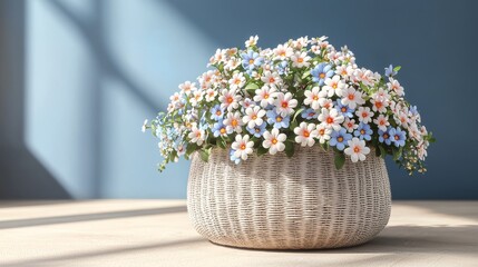 first day of spring concept. A woven basket filled with colorful flowers sits on a surface, illuminated by soft light against a blue background.