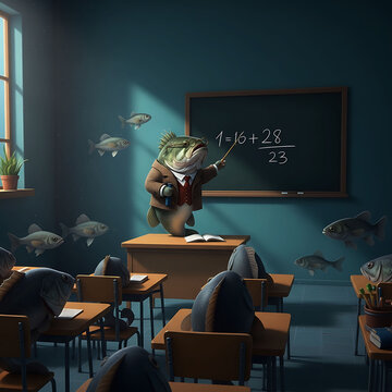 anthropomorphic bass fish teaching a math lesson to other fish in a classroom setting