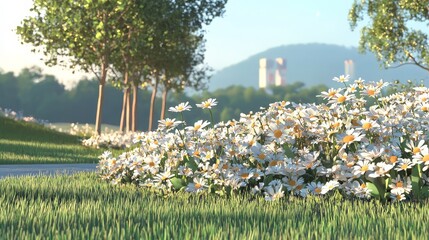 first day of spring concept. A serene landscape featuring blooming flowers, lush grass, and trees under a clear sky, with mountains in the background.