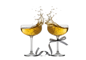Two thin-stemmed crystal coupe glasses toasting, generating a high-speed splash of golden sparkling wine and suspended droplets, isolated on transparent. Concept of high-end celebration and luxury
