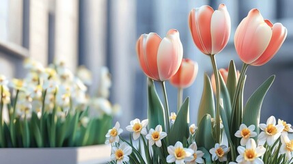 first day of spring concept. Vibrant tulips and daisies bloom in planters, creating a fresh and colorful spring atmosphere.