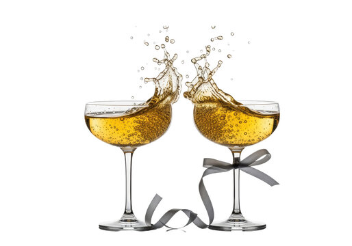 Two thin-stemmed crystal coupe glasses toasting, generating a high-speed splash of golden sparkling wine and suspended droplets, isolated on transparent. Concept of high-end celebration and luxury - Powered by Adobe