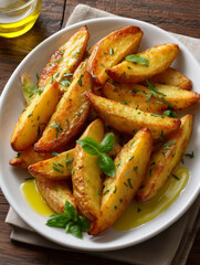 Roasted potato wedges seasoned with herbs and olive oil