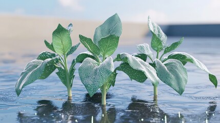 first day of spring concept. Fresh green plants emerging from water, showcasing vitality and growth in a serene environment.
