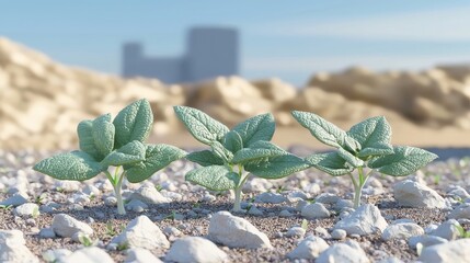 first day of spring concept. Three small green plants grow on rocky terrain with a blurred background, suggesting resilience in a challenging environment.