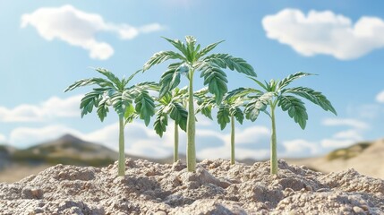 first day of spring concept. Small green palm trees grow in sandy soil under a bright blue sky with fluffy clouds.
