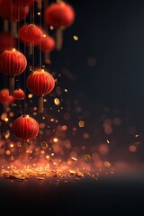Futuristic neon Chinese New Year banner with glowing red and gold lanterns