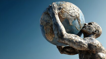 Symbolic image of Atlas holding an empty globe against a clear sky. Concept: Strength - responsibility, global support, leadership, future potential, branding-marketing symbolism, vision- ambition.