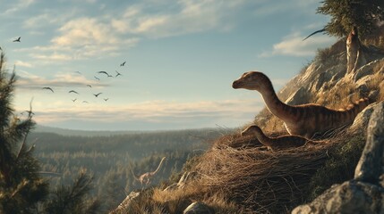 Fototapeta premium Coelophysis Pair Nesting on Rocky Cliff