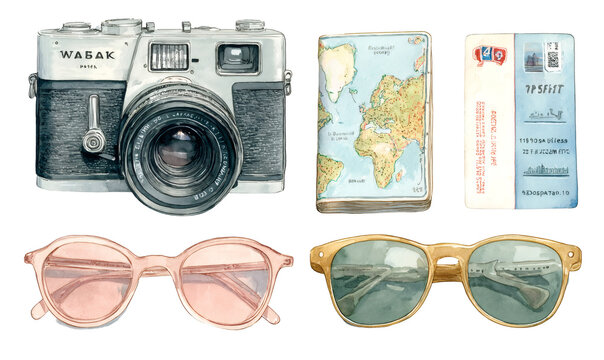 Watercolor illustration showing retro camera, map, ticket, and sunglasses for an adventure trip, planning summer holiday
