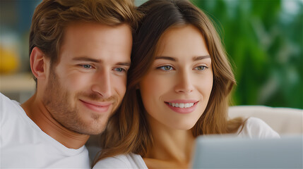 Happy young couple relaxing on a sofa, watching a laptop screen together, sharing quality time at home with a modern digital lifestyle, streaming, and online connection.
