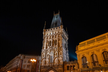 Prague streets and statues at night
