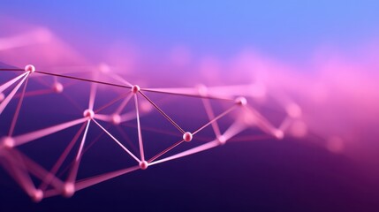 Abstract geometric network design with interconnected nodes and lines on a gradient background in shades of pink and purple, representing technology and connectivity