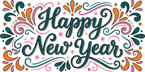Colorful decorative Happy New Year typography illustration with festive swirls, vibrant shapes, celebration elements, modern lettering design, perfect for holiday greeting artwork © Creative Vector