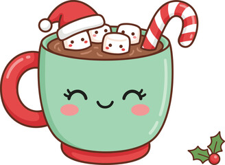 Cute Christmas hot cocoa illustration with smiling mug, marshmallows, candy cane and Santa hat designed in adorable festive holiday cartoon vector style