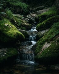 Fototapeta premium Serene stream flowing through mossy rocks, nature's beauty unveiled.