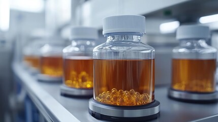 Clear Glass Vials Containing Amber Liquid And Gel Capsules Lined Up In A Laboratory Setting With Soft Natural Lighting