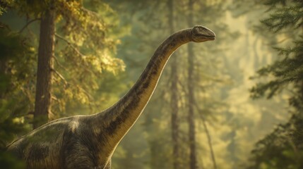 Fototapeta premium Sunlit Brachiosaurus in Misty Ancient Forest