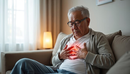 Elderly Asian man sits on sofa holding chest in pain. Red glow highlights discomfort, suggesting heart attack or cardiac issue. He looks unwell and distressed in home setting.