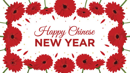 Elegant Chinese New Year floral illustration with vibrant red gerbera daisies, festive petals, decorative frame border, and celebratory holiday greeting design artwork © Creative Vector