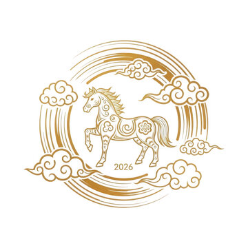 Elegant gold line art of the Chinese zodiac horse for the year 2026 surrounded by auspicious clouds on transparent background