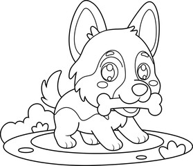 German Shepherd Puppy Dog Cartoon Character Holding Bone – Black and White Vector Hand Drawn Illustration Isolated On Transparent Background