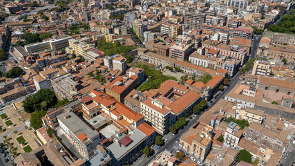 Aerial view of the city of Catania, Sicily, Italy. In the foreground is the former Church of Santa Maria della Purità.
