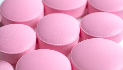 Obraz premium Macro shot showcases a cluster of round, pale pink, uniform tablets. The pills have a slightly raised edge on a white backdrop