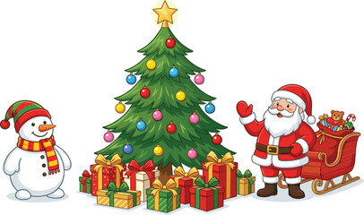 Festive Christmas illustration featuring Santa Claus, cheerful snowman, decorated tree, sleigh full of gifts and colorful presents in bright holiday cartoon vector style