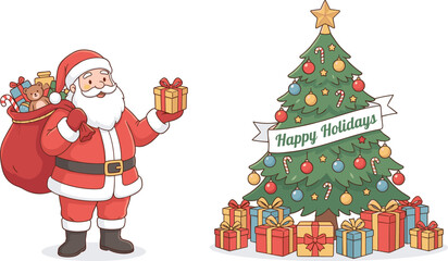 Festive Santa Claus illustration with gift bag, decorated Christmas tree, holiday presents, and Happy Holidays banner for seasonal celebration and winter artwork design