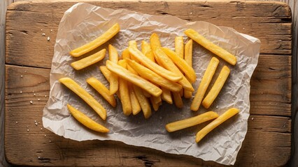 Golden Crispy French Fries on Parchment Paper, Top View.