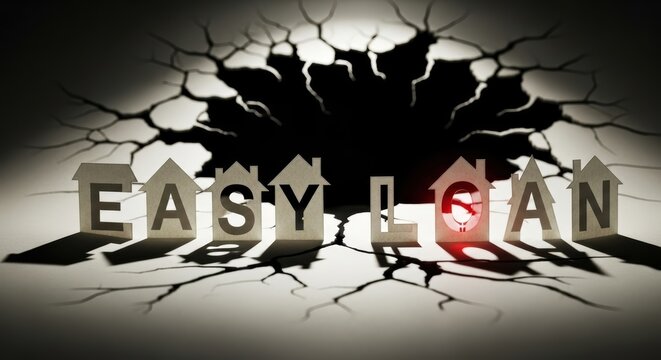Loan easy credit risk collapse dramatic scene house shaped letter cracking around a dark pit conveying urgency and financial danger