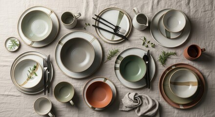 Assortment of handcrafted ceramic tableware displayed attractively on a neutral linen surface