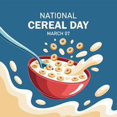 National Cereal Day. A bowl of cereal and a spoon. Cards, banners, posters, social media and more. Blue background and white milk.