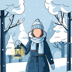 Winter wanderer with a glowing lantern in a snowy forest scene an illustrative graphic element