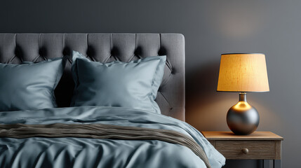 Relaxing dark bedroom interior with cozy bed, grey headboard, and soft pillow. warm light from lamp on nightstand creates peaceful and comfortable home feeling